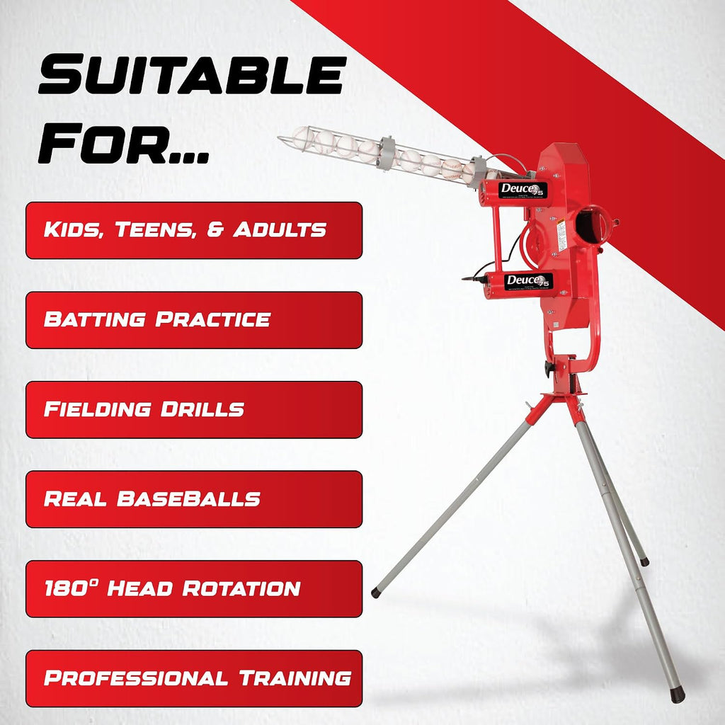 Heater Sports Deuce 75 MPH Adjustable Baseball Pitching Machine with Automatic Ball Feeder - Delivers Fastballs & Curveballs, Suitable for All Ages | Compatible with Pitching Machine & Real Baseballs