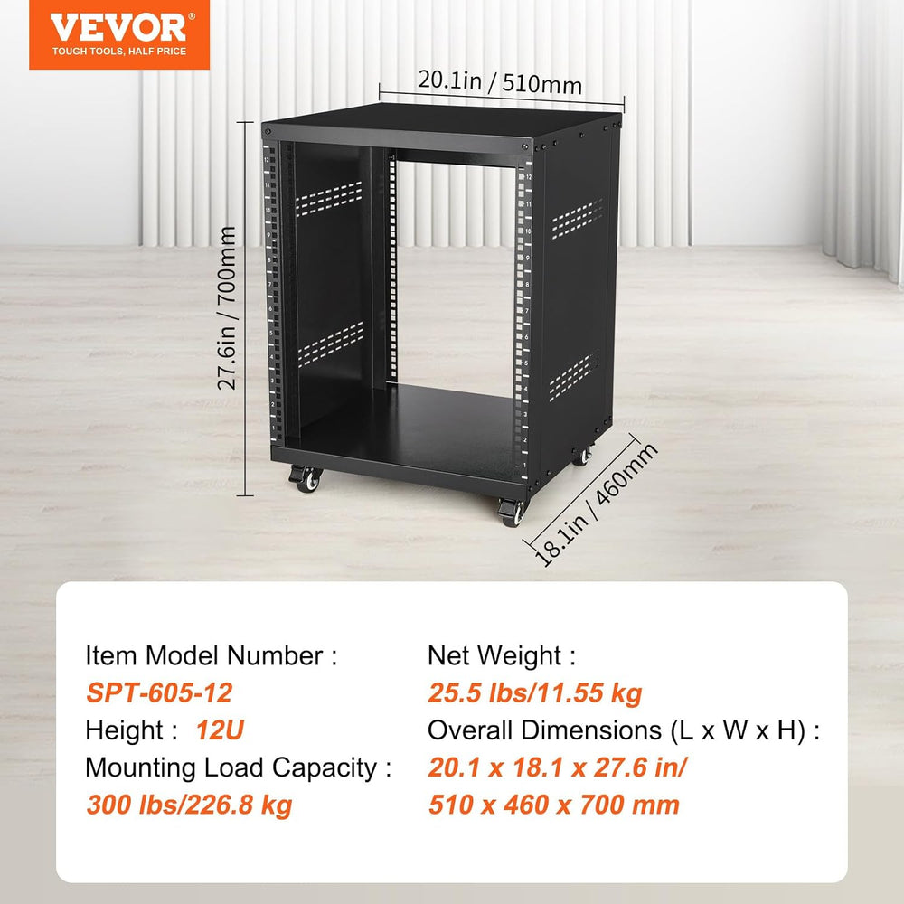 VEVOR 12U AV Rack Stand with Caster Wheels, Component Rack Cabinet Recording ...
