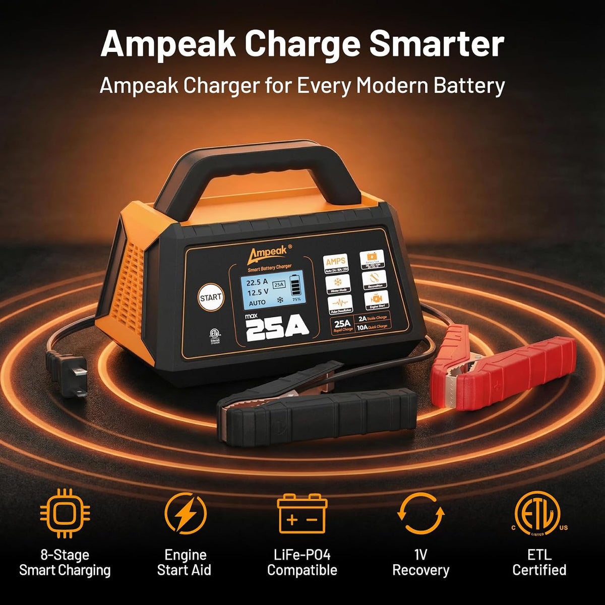 Ampeak 25A 12V Battery Charger, 2/10/25A Smart Maintainer, ETL Certified