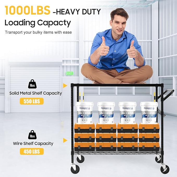 WDT 2-Tier Utility Cart with Wheels, Metal Cart with 1000LBS Capacity, NSF