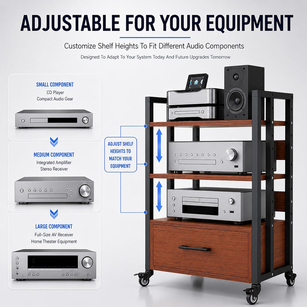 3-Tier Audio Rack with Wheels, AV Media Stand