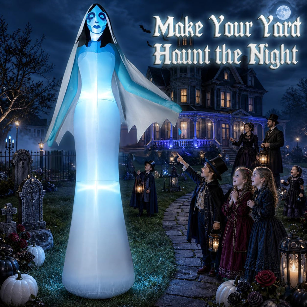zukakii 12FT Giant Halloween Inflatables Ghost Bride with Built-in Whole-Body Blue LEDs, Spooky Halloween Decorations Outdoor Huge Blow Up Yard Decoration Creepy Blowups Large for Holiday & Party
