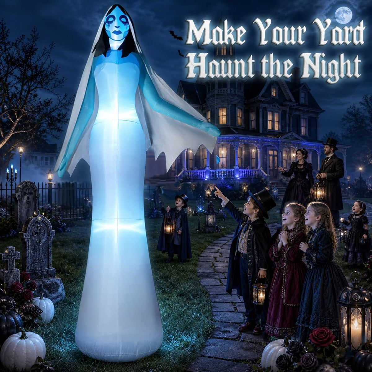 zukakii 12FT Giant Halloween Inflatables Ghost Bride with Built-in Whole-Body Blue LEDs, Spooky Halloween Decorations Outdoor Huge Blow Up Yard Decoration Creepy Blowups Large for Holiday & Party