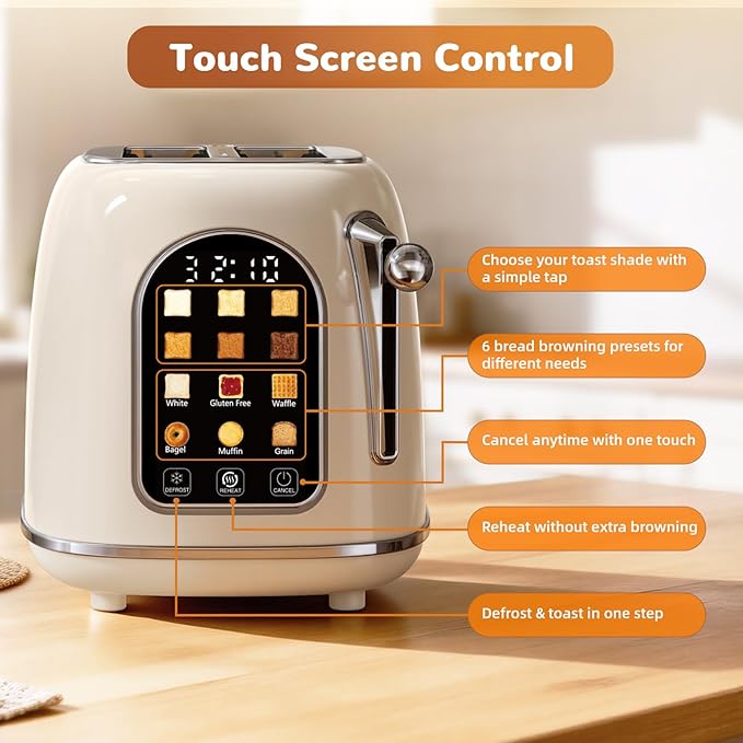 Mecity Toaster 2 Slice, Touch Screen Wide Slot Retro Toaster