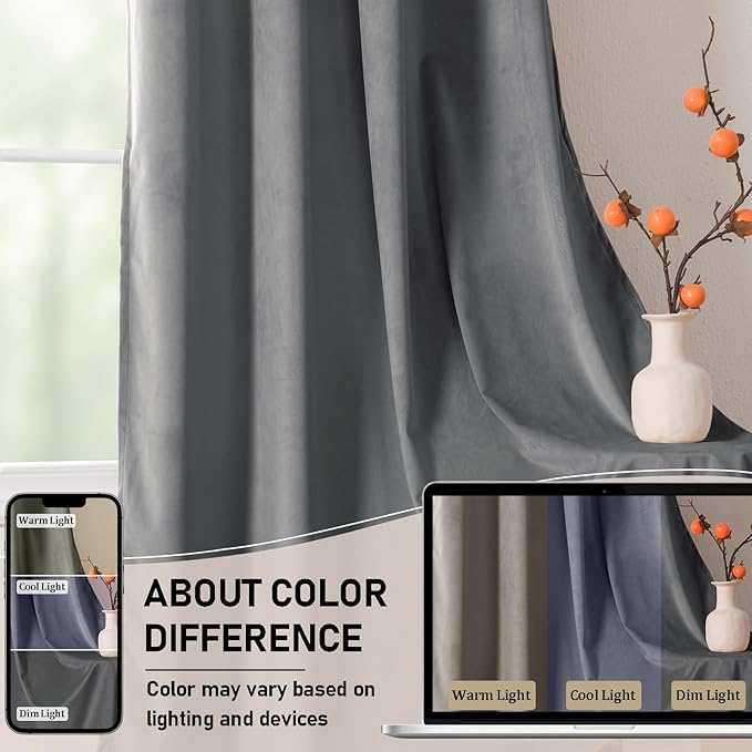 JIUZHEN Grey Velvet Curtains 72 inches Blackout Curtains