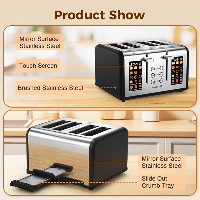 4 Slice Touch Screen Toaster, Easy-to-Use Digital Stainless Steel Toaster