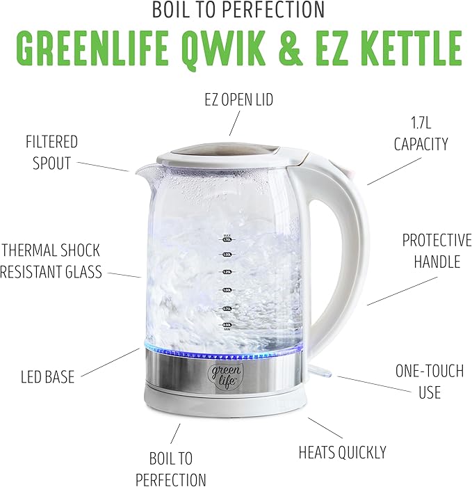 GreenLife 1.7 Liter Glass Electric Kettle, Easy One Touch Use, Quick Heating