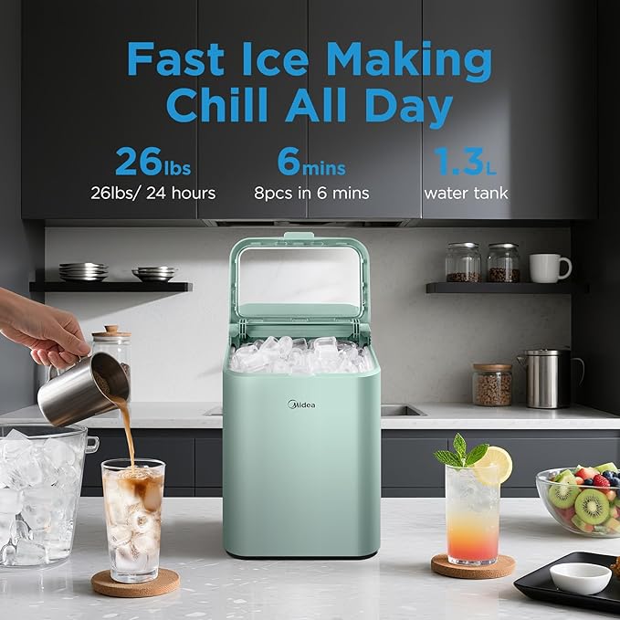Midea MERI26B1AGN Countertop Bullet-Ice Maker, 8 Ice Bullets Ready in 6 Minutes