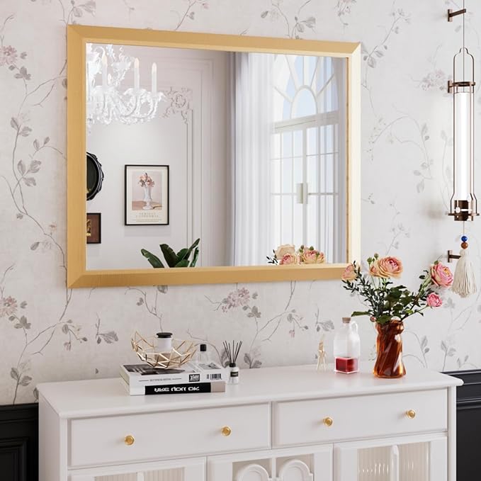 Amorho Bathroom Mirror, 40x32 Inch Gold Thick Metal Framed Wall Mirrors