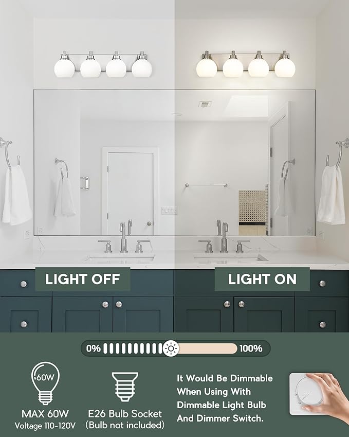 METWET Bathroom Light Fixtures, 4 Light Brushed Nickel Vanity Light, 26 Inch