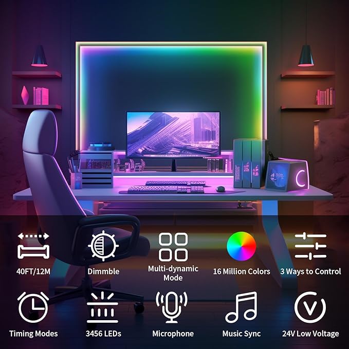 40ft COB RGB+IC LED Strip Lights, Bright Dream Color COB LED Light Strip (2 Rolls)