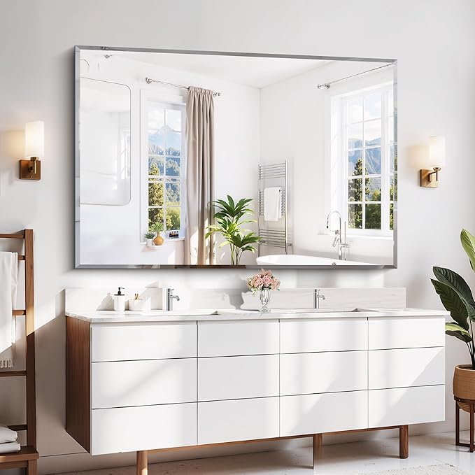 CILIBER 60x40 Large Beveled Mirror, Frameless Beveled Bathroom Mirrors