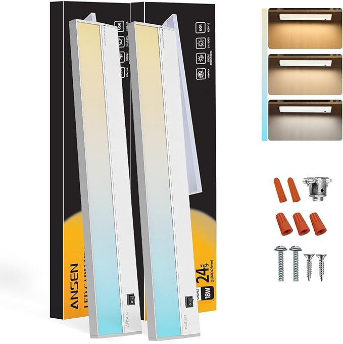 Ansen 2Packs of Under Cabinet Lighting Hardwired, 24in 18W 1237LM Dimmable Led
