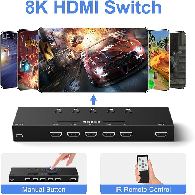 Y.D.F 8K@60Hz HDMI Switcher 5 in 1 Out Aluminum Support 4K@120Hz HDR10+ HDCP