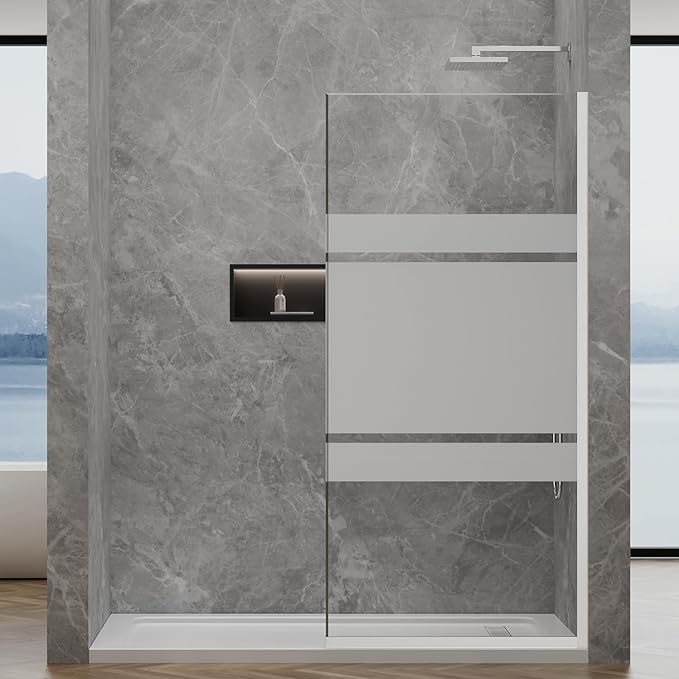 36"x76" Fixed Glass Shower Door, 3/8" Thick Mid-Band Frosted Privacy Tempered