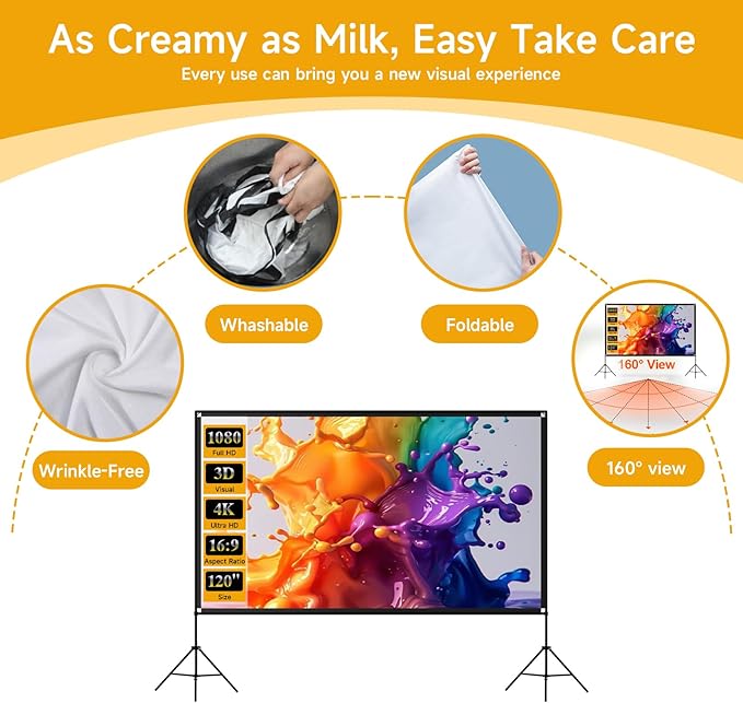 Outdoor Projector Screen with Stand, SCREENMAX 120 inch Foldable Projector