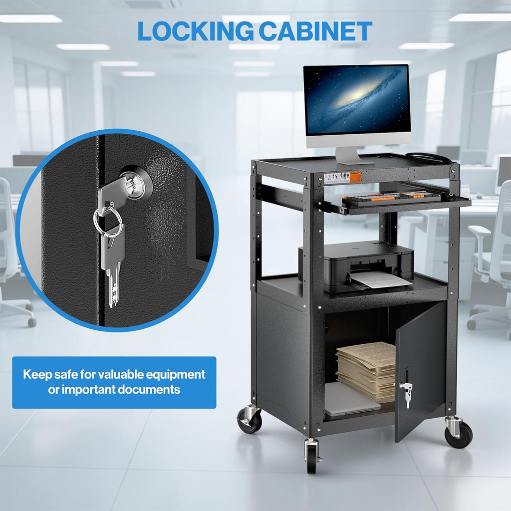 POCHAR Steel Large AV Cart with Locking Cabinet - Adjustable Height Media Carts with Wheels, Pullout Tray, Power Strip for Mobile Work Station - Rolling Computer Cart for Office Classroom Presentation