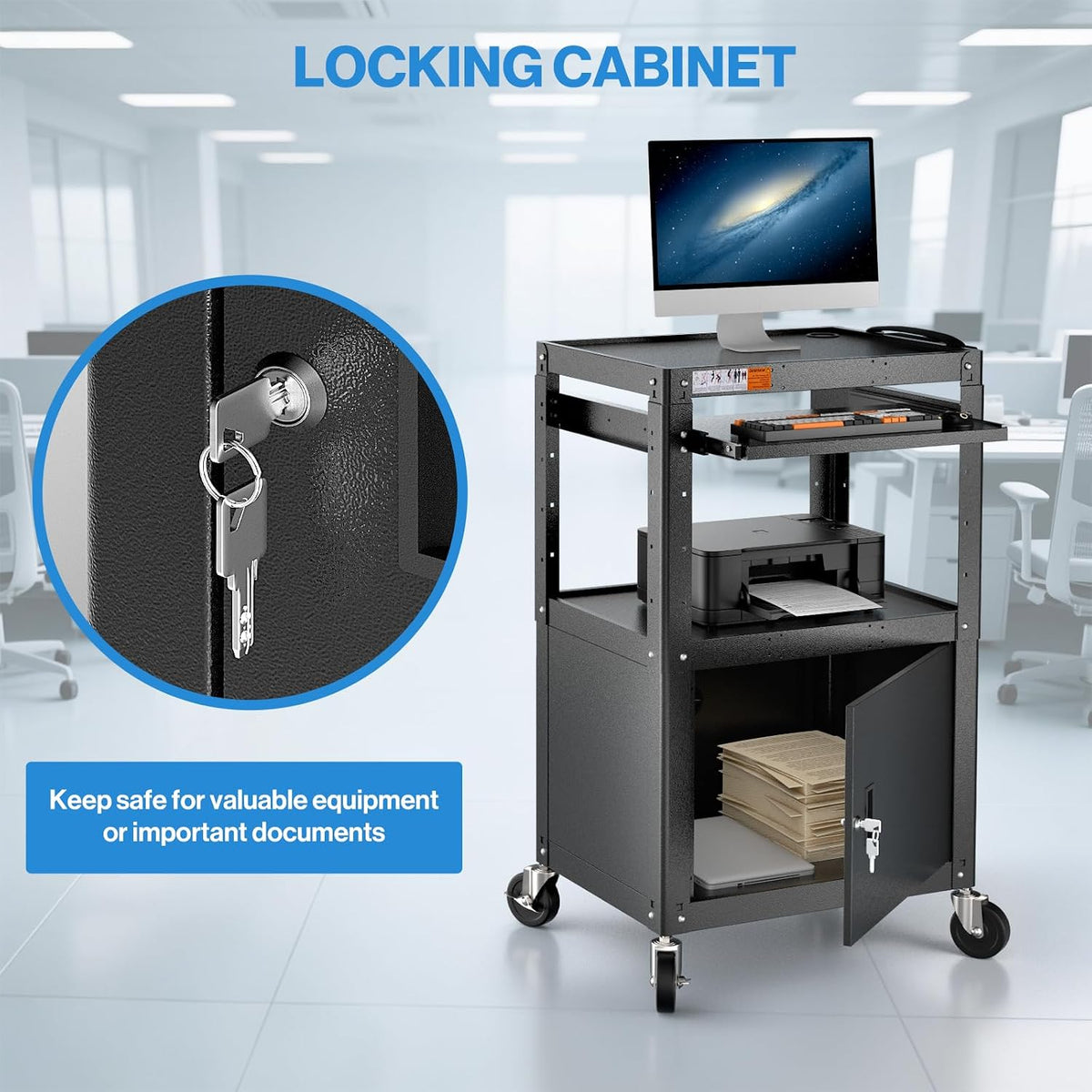 POCHAR Steel Large AV Cart with Locking Cabinet - Adjustable Height Media Carts with Wheels, Pullout Tray, Power Strip for Mobile Work Station - Rolling Computer Cart for Office Classroom Presentation