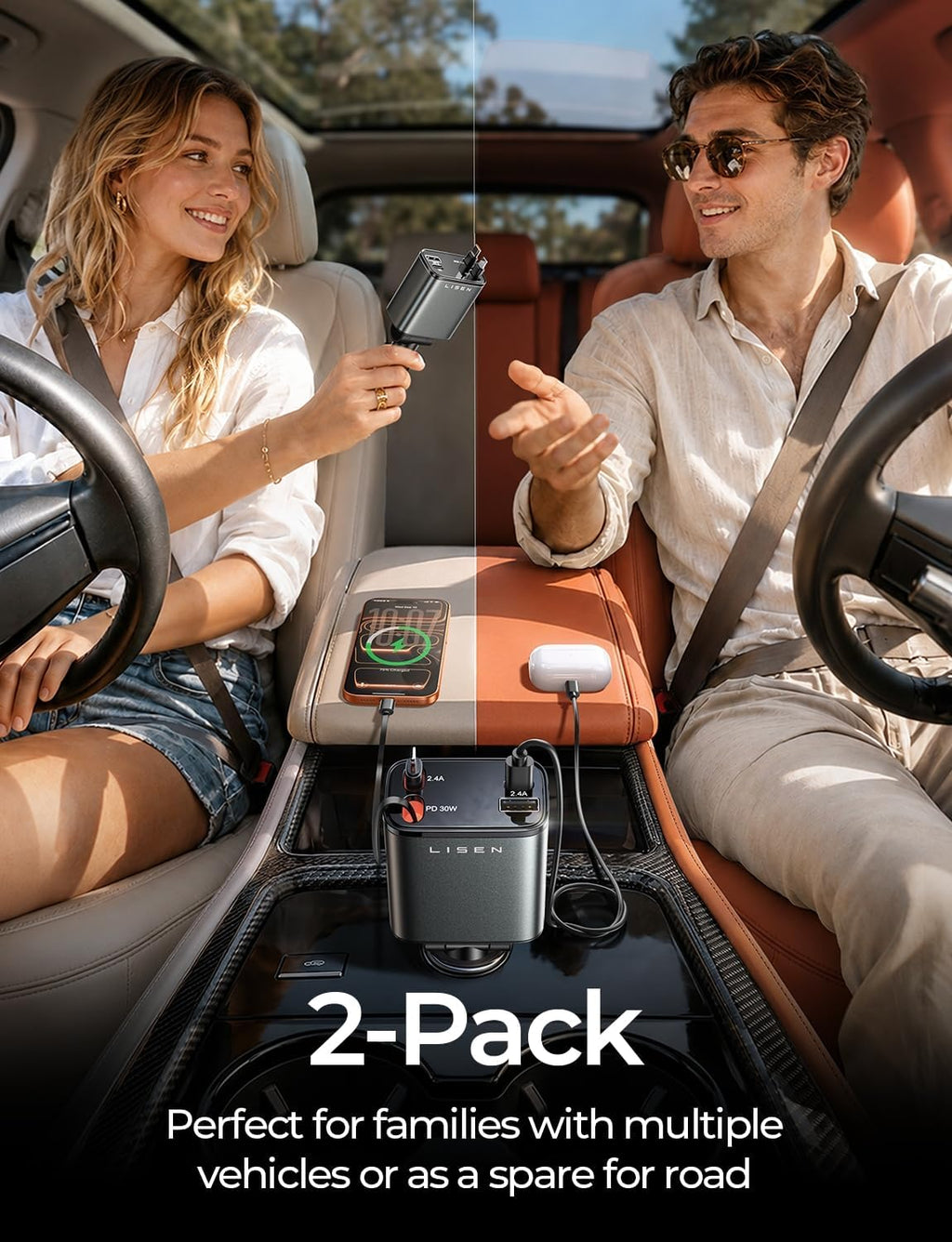 LISEN Retractable Car Charger, 84W Car Adapter USB C Fast Charger, 2 Pack