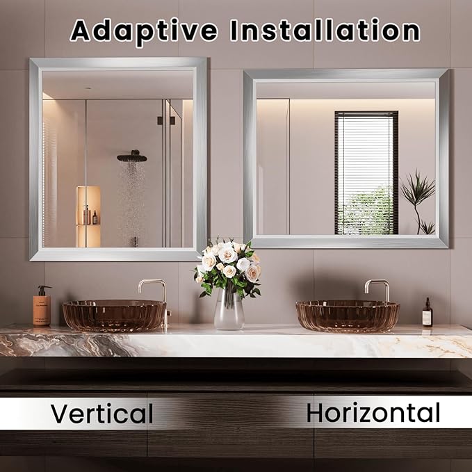Amorho Bathroom Mirror, 40x38 Inch Silver Thick Metal Framed Wall Mirrors