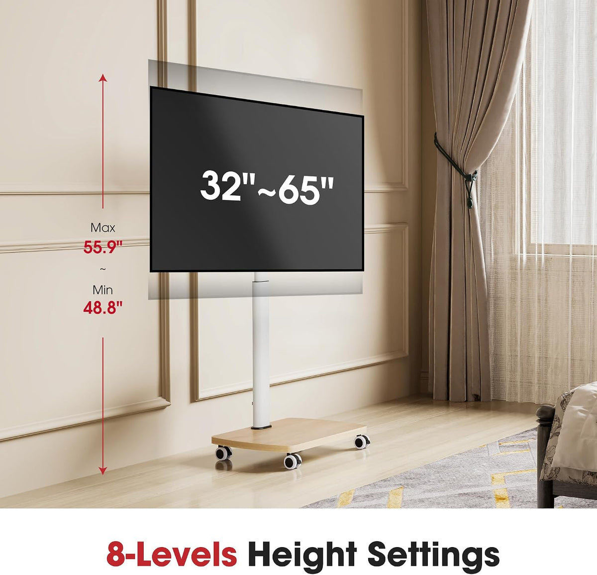 AOKCOS Rolling TV Stand for 32-65 Inch TVs, Portable Mobile TV Stand on Wheels, 8-Level Height Adjustable TV Cart with Swivel & Tilt Mount for Bedroom/Living Room/Office/Corner