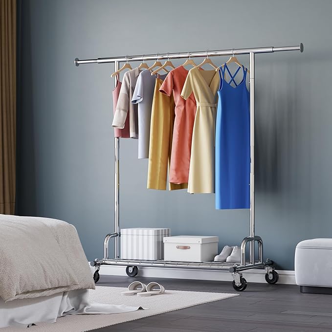 HOKEEPER Clothes Rack with Lockable Wheels Height Adjustable Clothing Rack