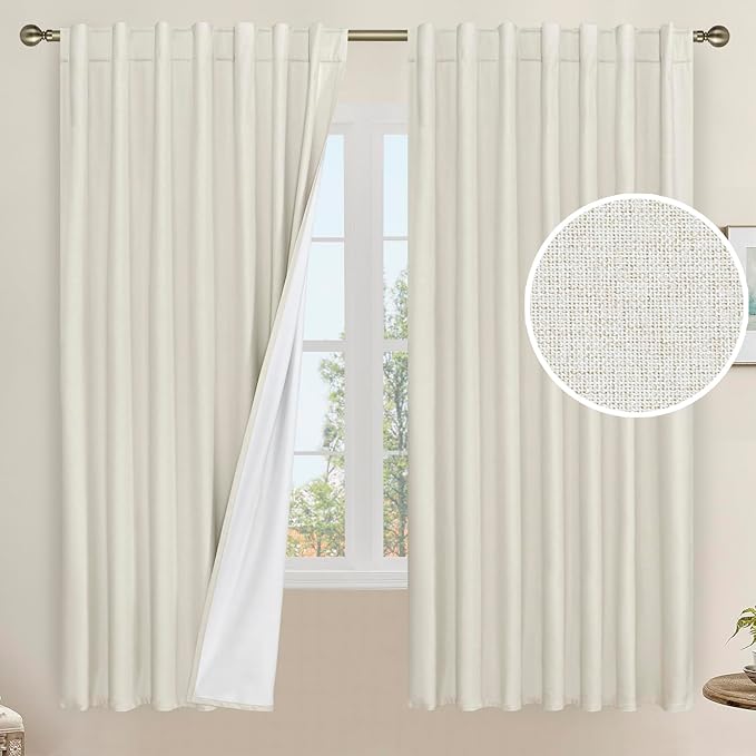 LAMIT Natural 100% Blackout Linen Curtains, 63 Inches Linen Textured Thermal