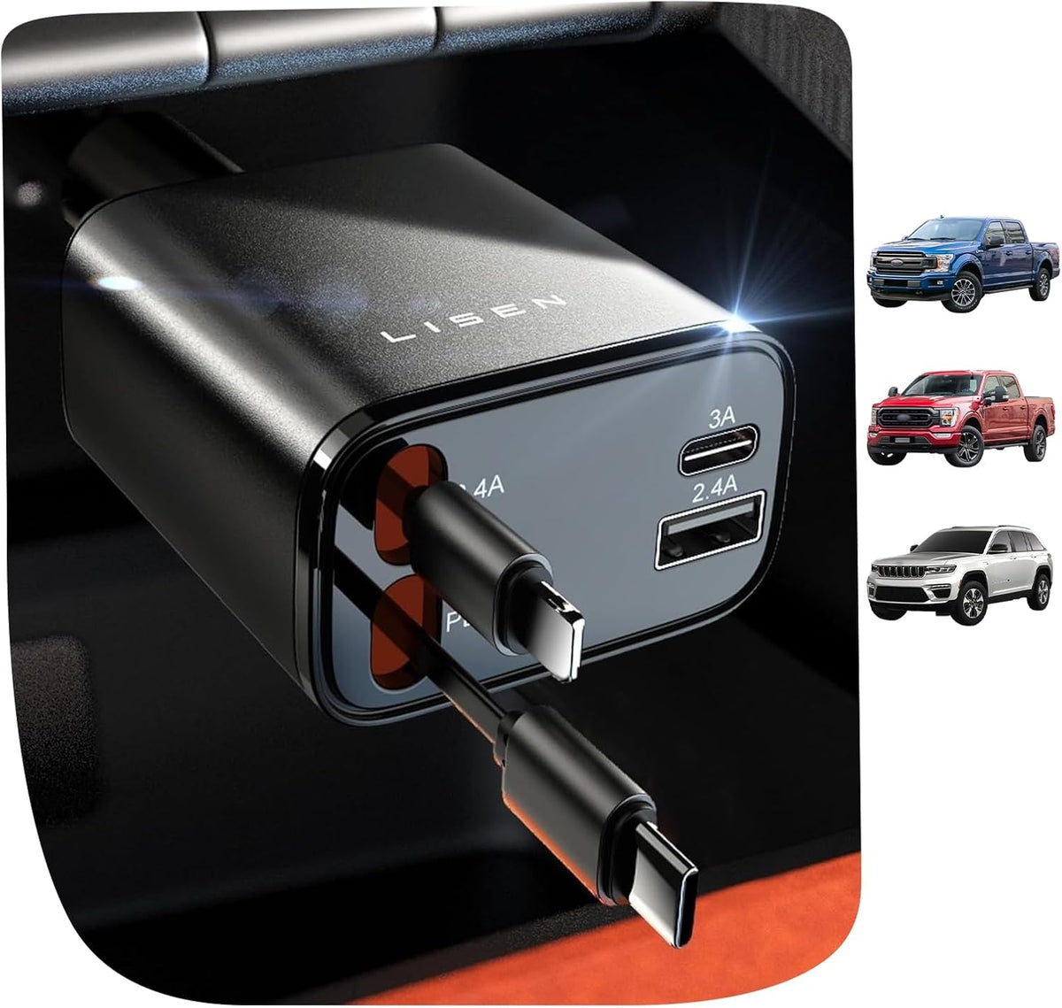 LISEN Retractable Car Charger 4 in 1 for Cars, 84W Retractable USB C, Black