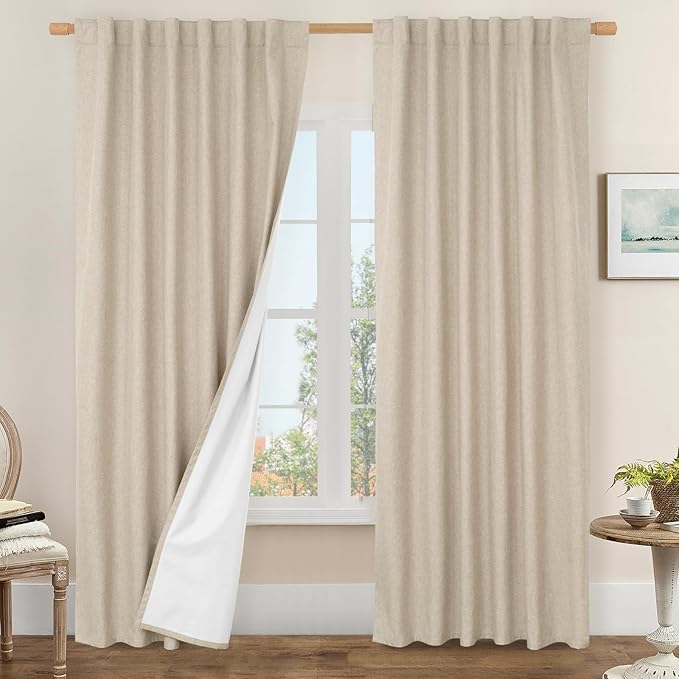 LAMIT 100% Blackout Linen Curtains, 84 Inch Linen Textured Living Room