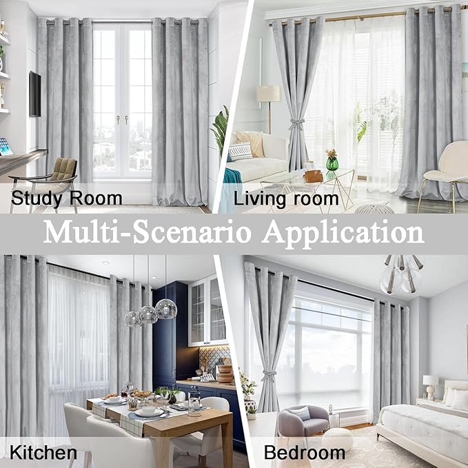 JIUZHEN Soft Silver Grey Velvet Curtains 84 inch Long, Room Darkening Smooth