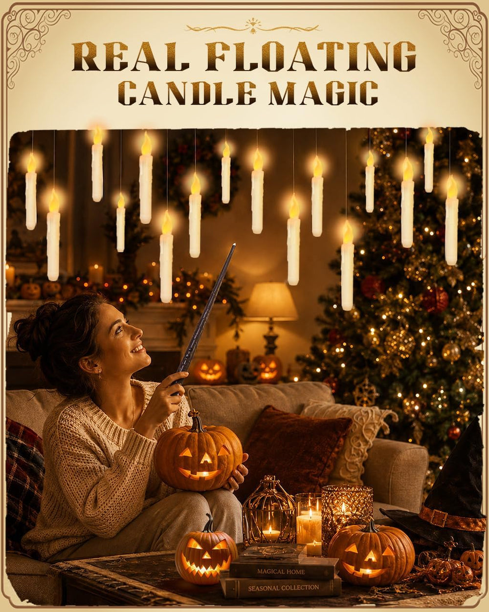 Flameless Floating Candles with Wand，20 Pcs Magic LED Hanging Taper Candles，F...