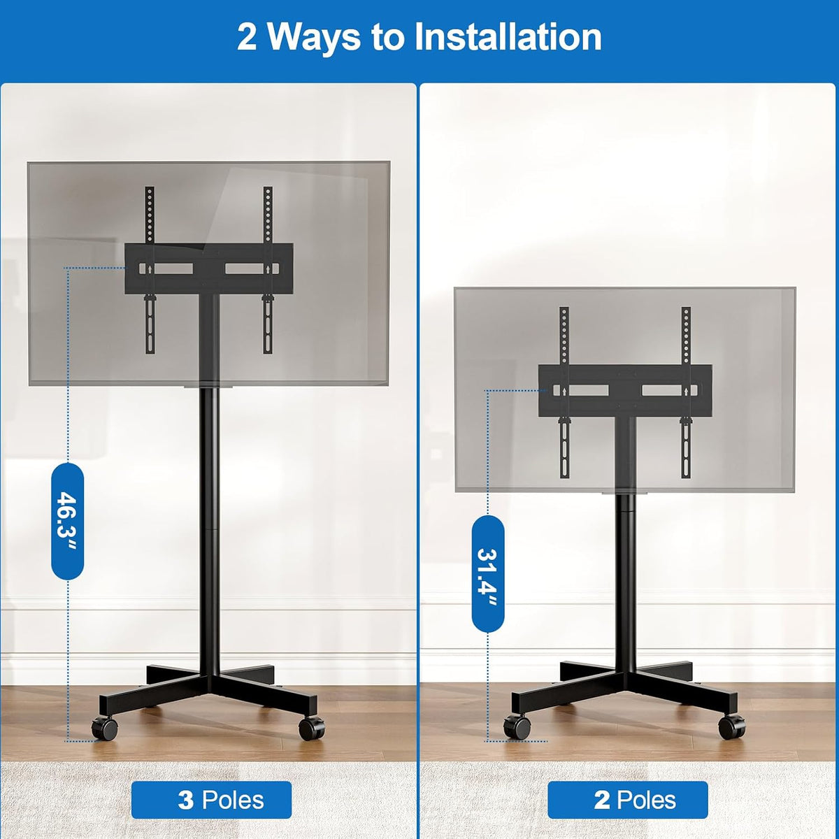mobile tv cart rolling tv stand for 23-65, close-up detail