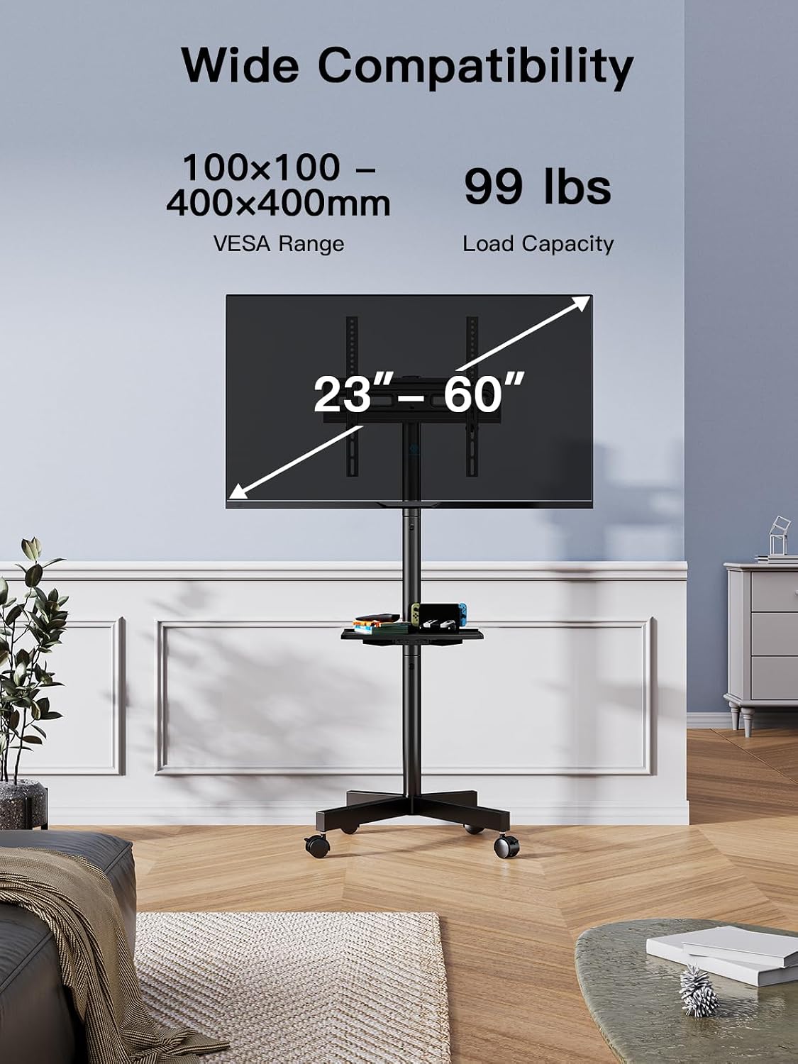 perlesmith rolling tv stand on wheels for 23-65 on a desk or shelf