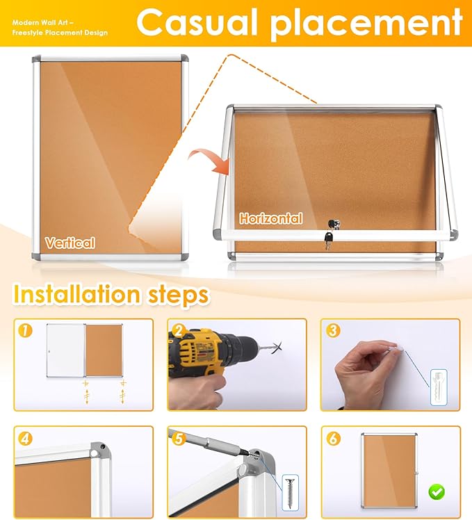 SWANCROWN Enclosed Bulletin Cork Board 24x18 in, Lockable Bulletin Board