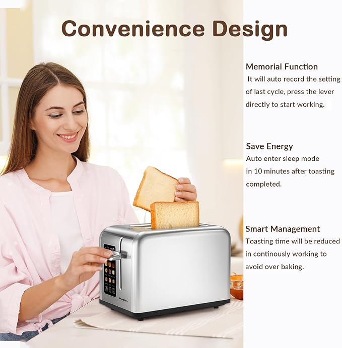 Mecity 2 Slice Toaster Touch Screen 1.5" Wide Slot, Stainless Steel Smart Bread