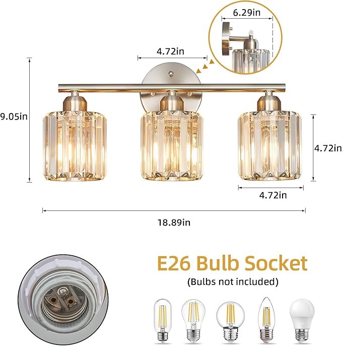 FDPBY Modern 3 Light Crystal Vanity Light, Brushed Nickel Vertical Bathroom