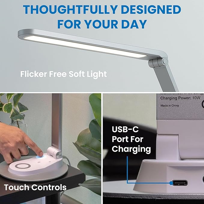 Mount-It! LED Desk Lamp with Wireless Charger and USB-C Charging Port, Dimmable