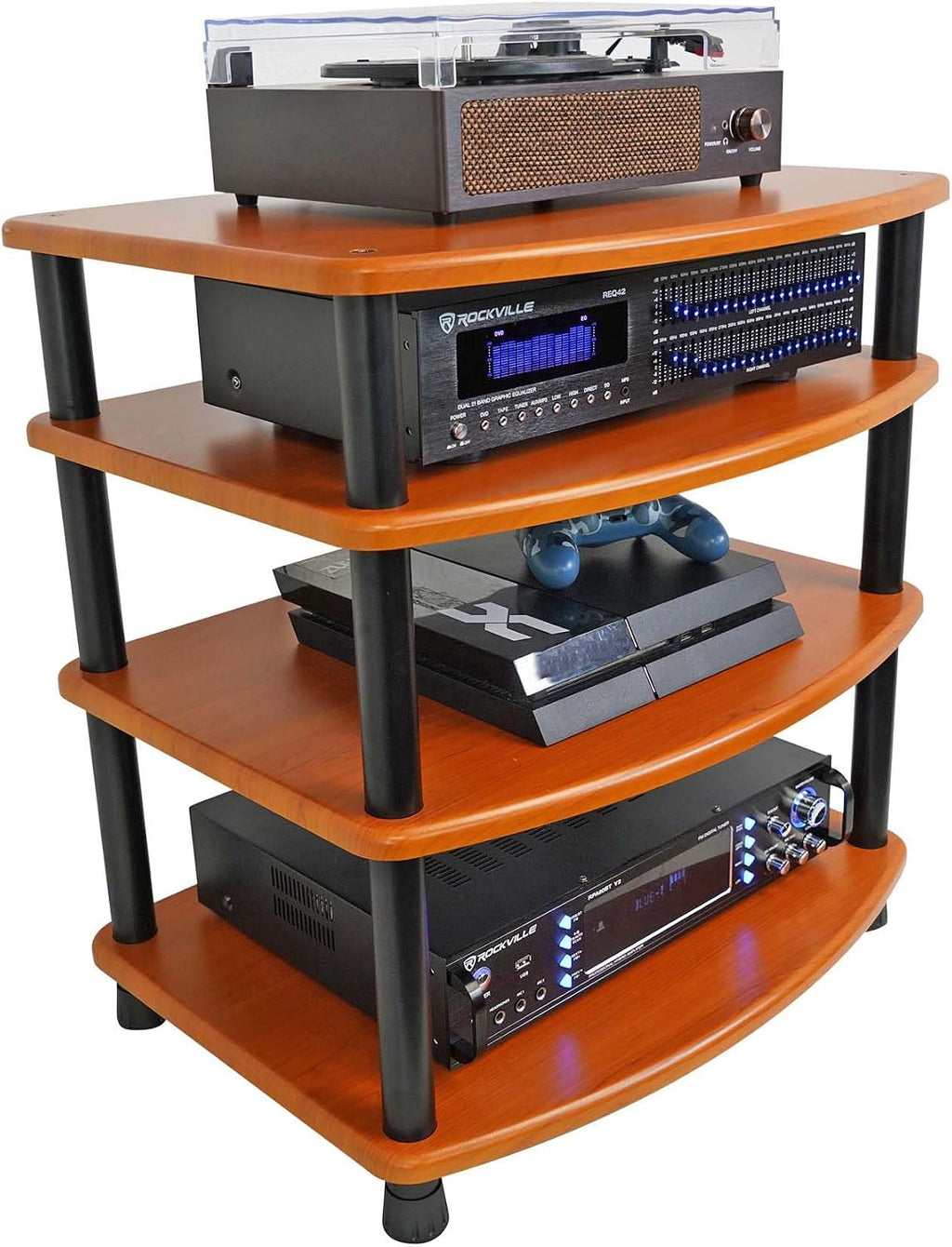 Rockville FLX Classic Wood Adjustable Height 4 Shelf Rack for Home Theater
