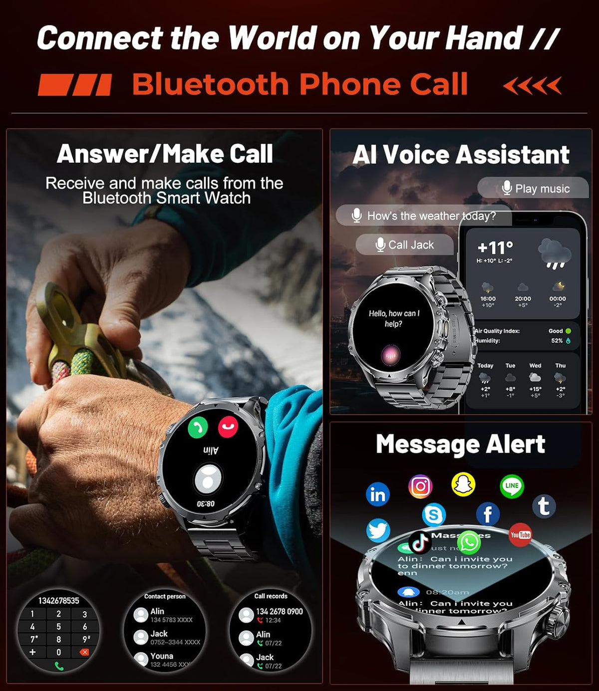 military smart watch for men, 1.85'' hd large showing dimensions