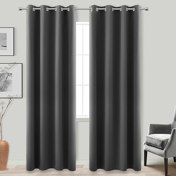2 Panels 96 Inches Long Dark Gray/Grey Blackout Curtains
