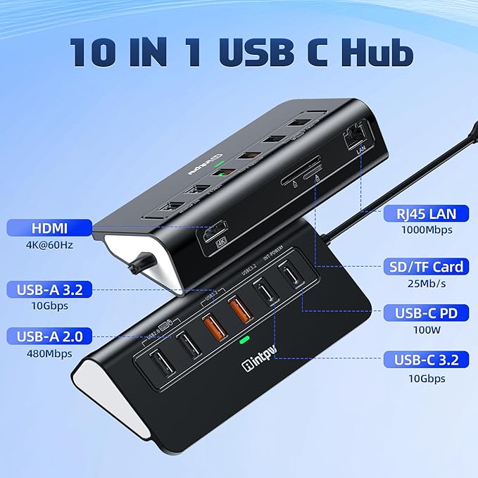 P9R PRO USB C Hub Ethernet, 10Gbps USB C Docking Station 10-in-1