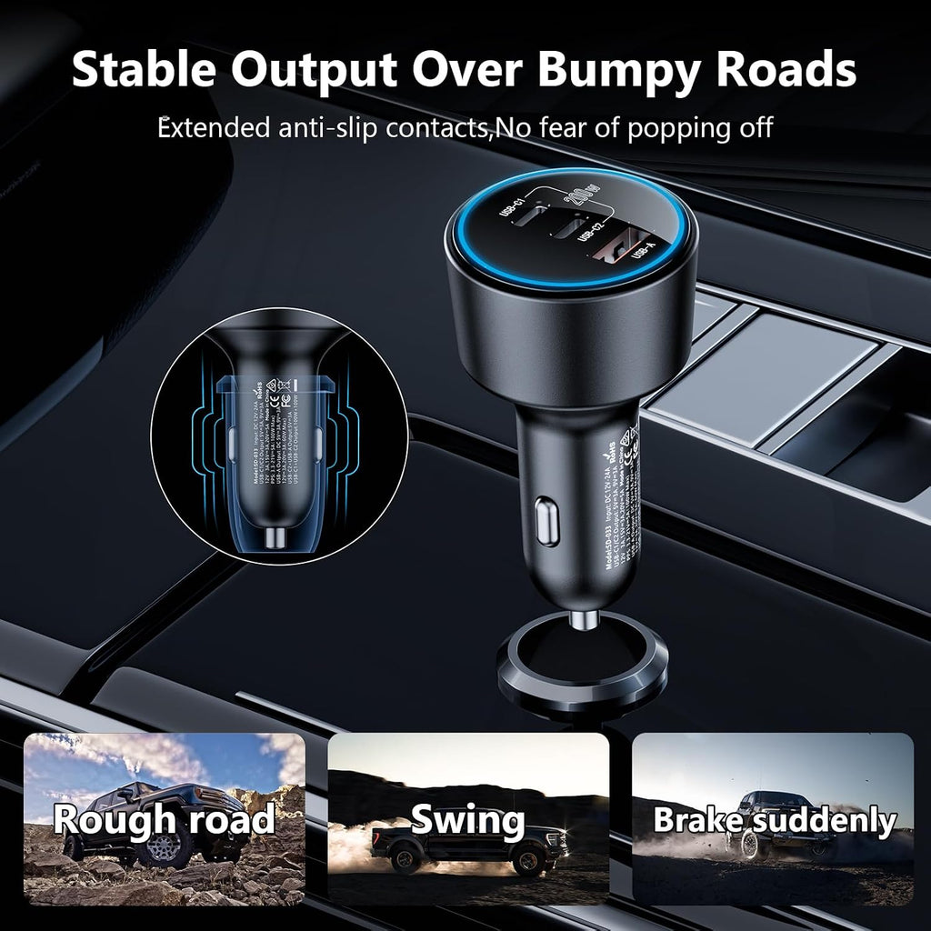 200w super fast car charger, adapter with 2×100w, front angle view