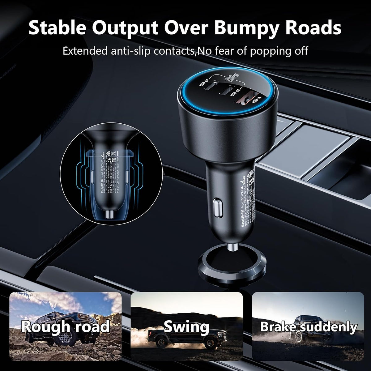 200w super fast car charger, adapter with 2×100w, front angle view