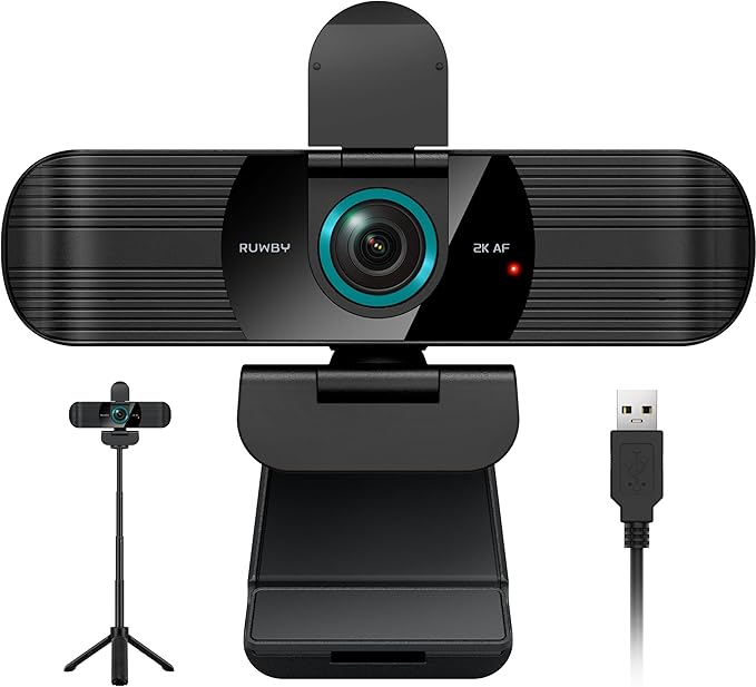 RUWBY QHD 2K Webcam with Built-in Dual Mics, Wide-Angle Lens, Privacy Cover