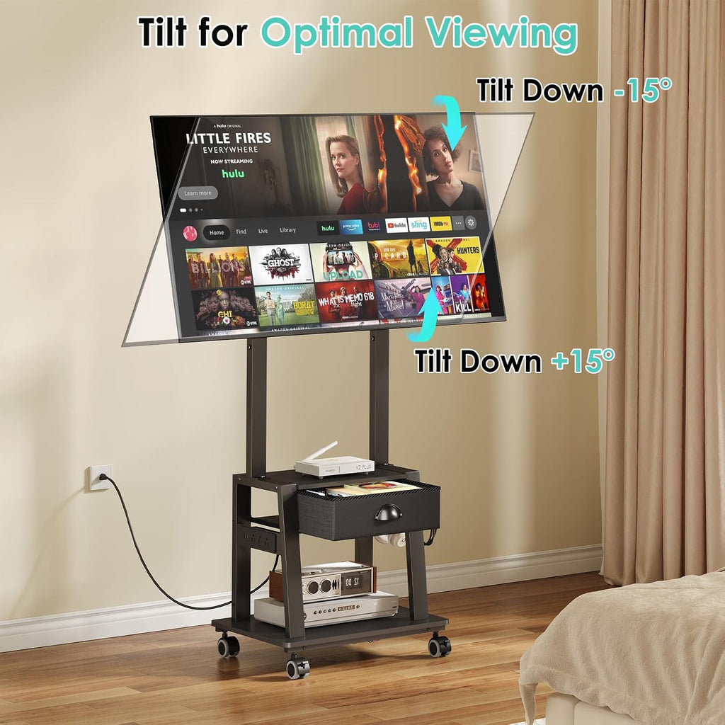 rolling tv stand with power outlet,tilt tv cart, side view