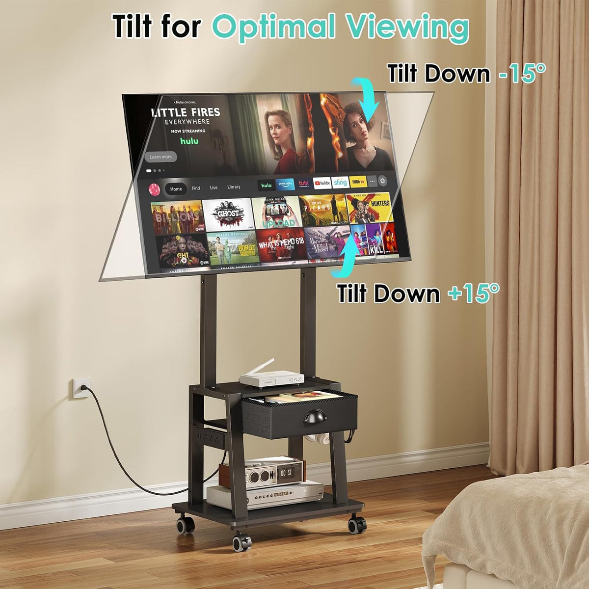 rolling tv stand with power outlet,tilt tv cart, side view