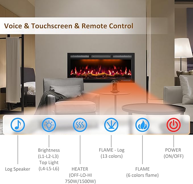 88 Inch WiFi-Enabled Electric Fireplace Inserts & Wall Mounted, Slim Electric