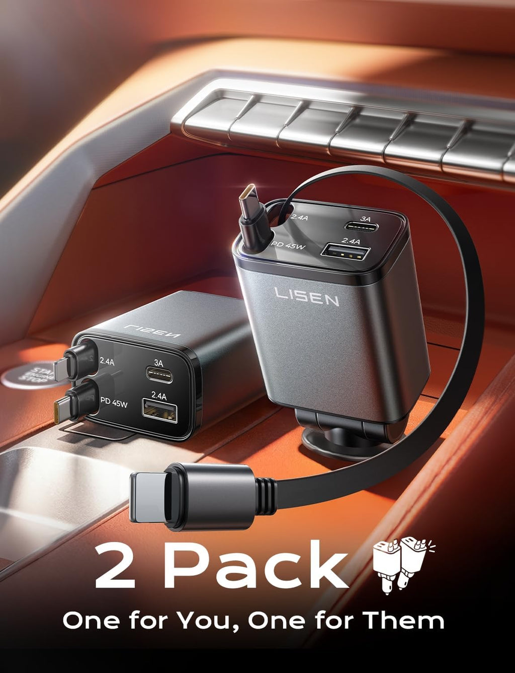 LISEN Retractable Car Charger, 84W Car Adapter USB C Fast Charger, 2 Pack