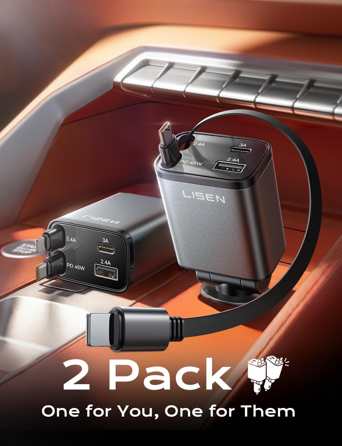 LISEN Retractable Car Charger, 84W Car Adapter USB C Fast Charger, 2 Pack