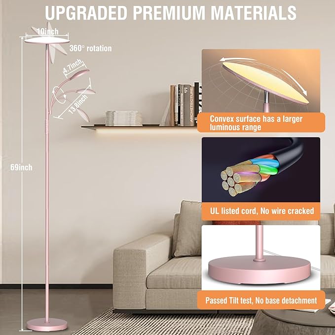 marctronic Pink Floor Lamps for Living Room, 44W/4500LM Super Bright 2 in 1 LED